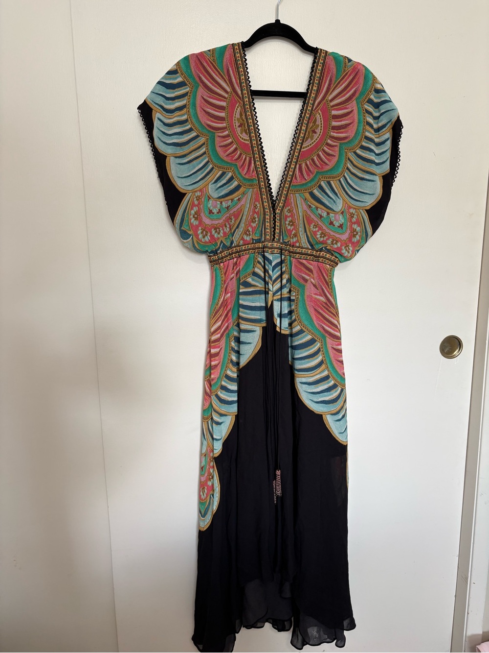 FARM Rio Black Monarch Butterfly Maxi Dress with Pink, Teal & Gold Embroidery
